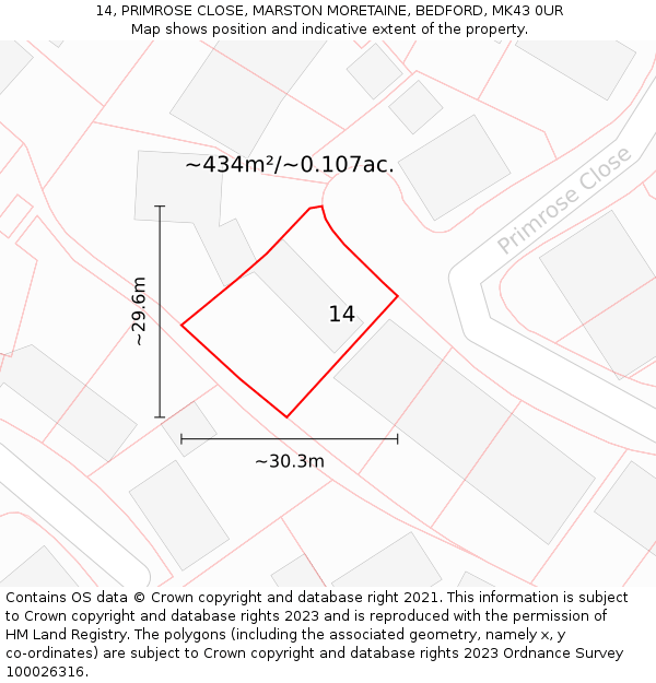 14, PRIMROSE CLOSE, MARSTON MORETAINE, BEDFORD, MK43 0UR: Plot and title map