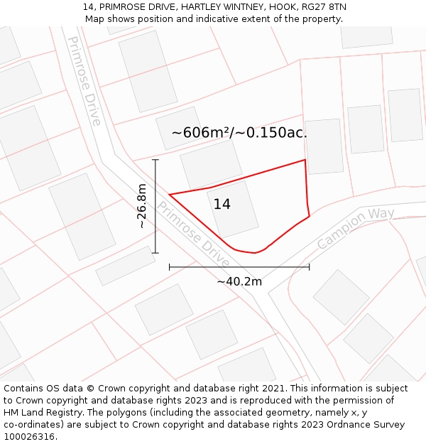 14, PRIMROSE DRIVE, HARTLEY WINTNEY, HOOK, RG27 8TN: Plot and title map