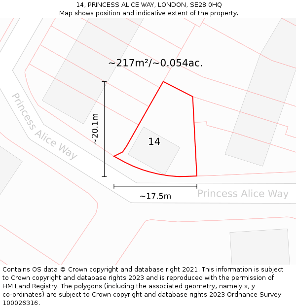 14, PRINCESS ALICE WAY, LONDON, SE28 0HQ: Plot and title map