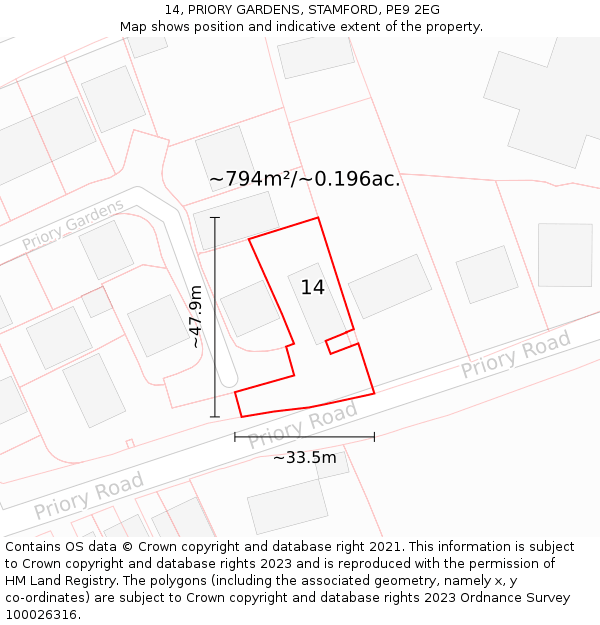 14, PRIORY GARDENS, STAMFORD, PE9 2EG: Plot and title map