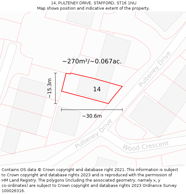 14, PULTENEY DRIVE, STAFFORD, ST16 1NU: Plot and title map