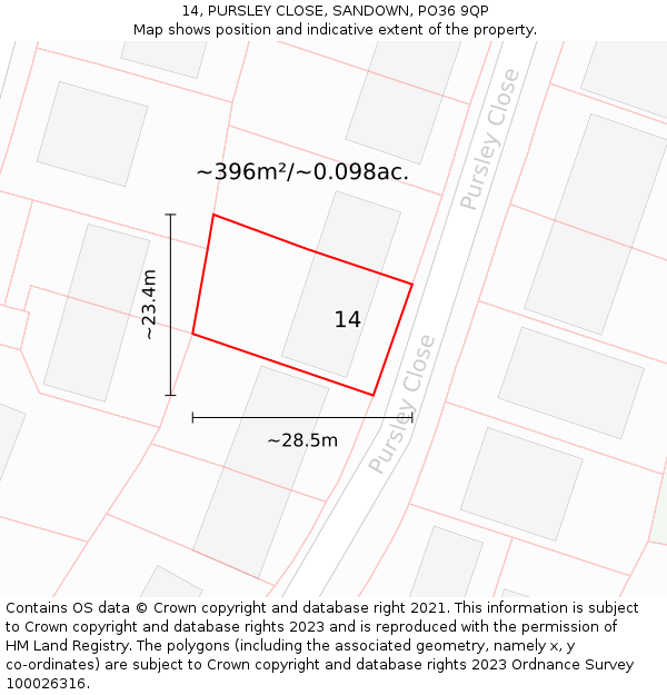 14, PURSLEY CLOSE, SANDOWN, PO36 9QP: Plot and title map