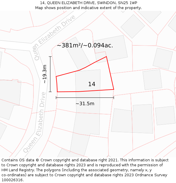14, QUEEN ELIZABETH DRIVE, SWINDON, SN25 1WP: Plot and title map