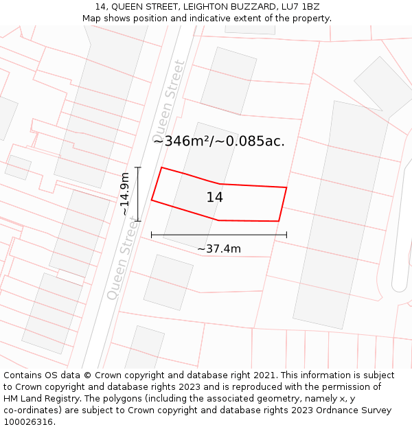 14, QUEEN STREET, LEIGHTON BUZZARD, LU7 1BZ: Plot and title map