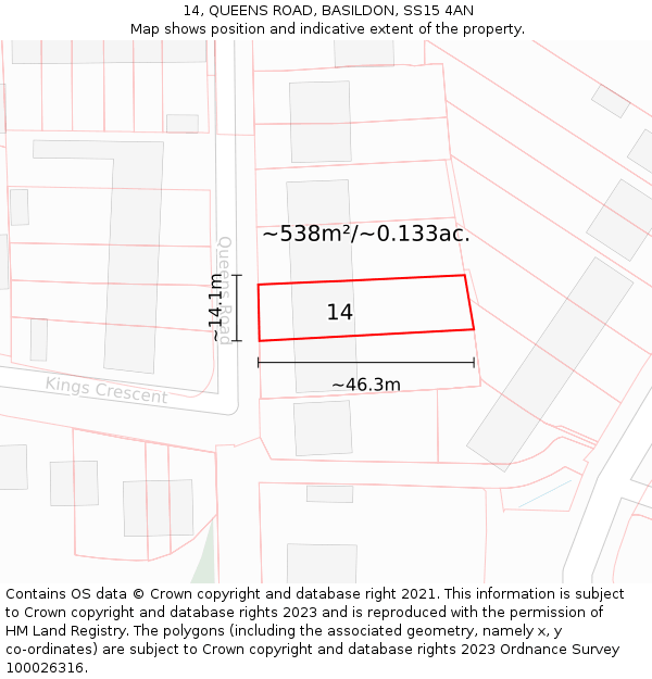 14, QUEENS ROAD, BASILDON, SS15 4AN: Plot and title map
