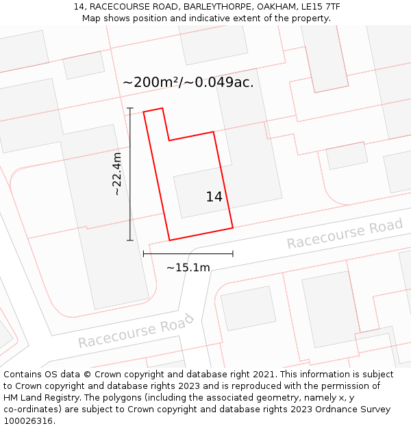 14, RACECOURSE ROAD, BARLEYTHORPE, OAKHAM, LE15 7TF: Plot and title map