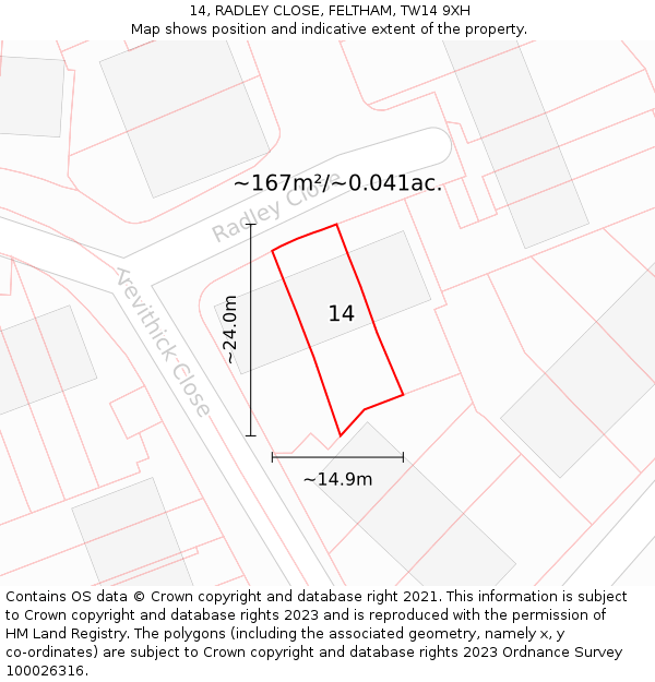 14, RADLEY CLOSE, FELTHAM, TW14 9XH: Plot and title map