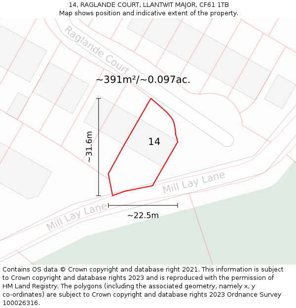 14, RAGLANDE COURT, LLANTWIT MAJOR, CF61 1TB: Plot and title map