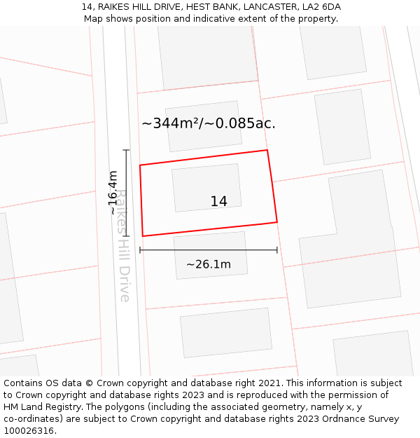 14, RAIKES HILL DRIVE, HEST BANK, LANCASTER, LA2 6DA: Plot and title map