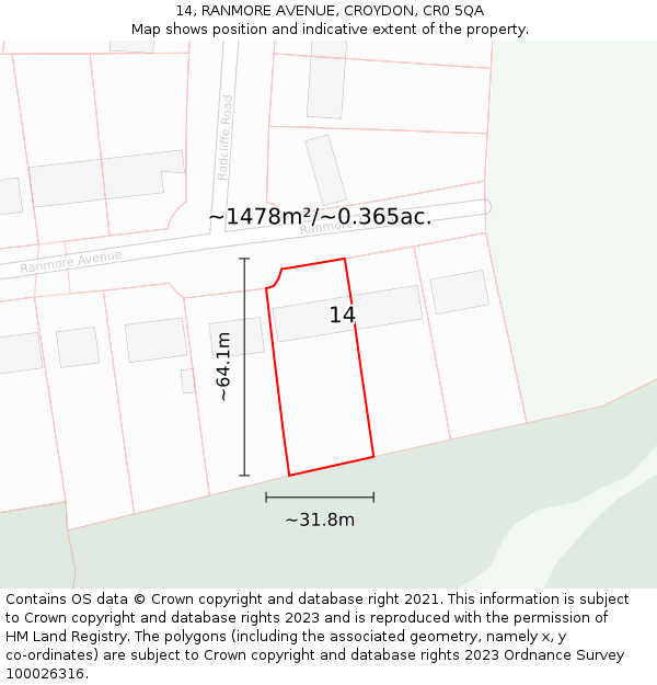 14, RANMORE AVENUE, CROYDON, CR0 5QA: Plot and title map