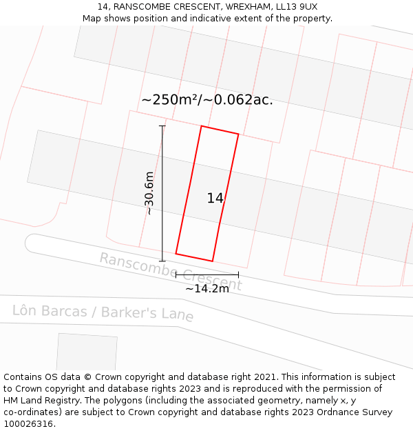 14, RANSCOMBE CRESCENT, WREXHAM, LL13 9UX: Plot and title map