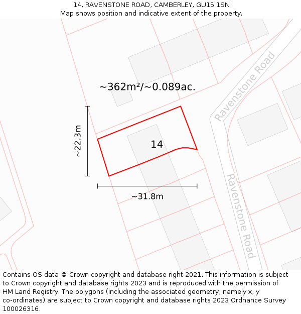14, RAVENSTONE ROAD, CAMBERLEY, GU15 1SN: Plot and title map