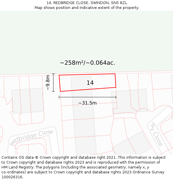 14, REDBRIDGE CLOSE, SWINDON, SN5 8ZL: Plot and title map