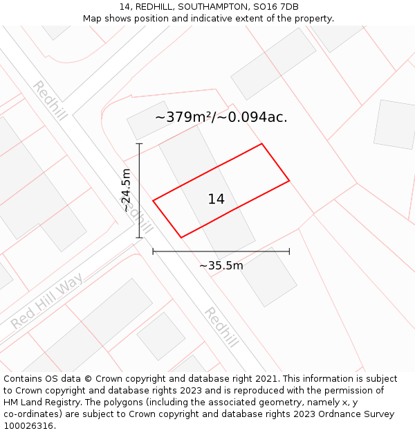 14, REDHILL, SOUTHAMPTON, SO16 7DB: Plot and title map