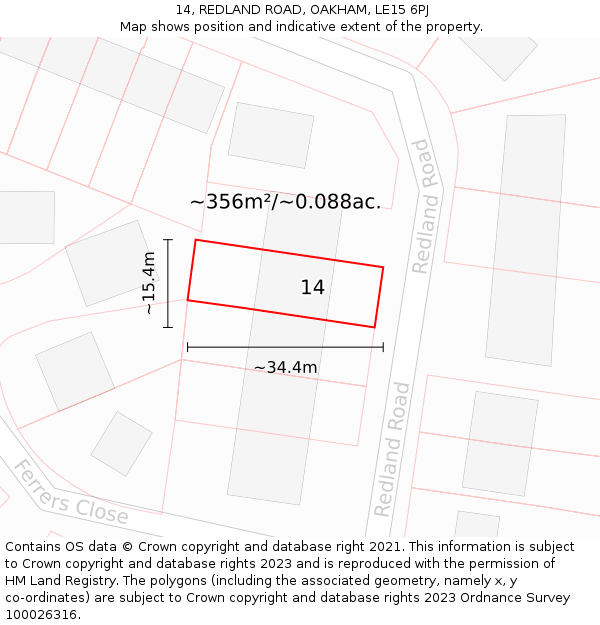 14, REDLAND ROAD, OAKHAM, LE15 6PJ: Plot and title map