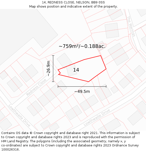 14, REDNESS CLOSE, NELSON, BB9 0SS: Plot and title map