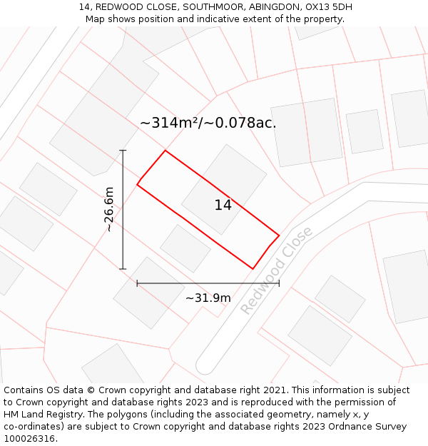 14, REDWOOD CLOSE, SOUTHMOOR, ABINGDON, OX13 5DH: Plot and title map