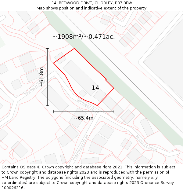 14, REDWOOD DRIVE, CHORLEY, PR7 3BW: Plot and title map