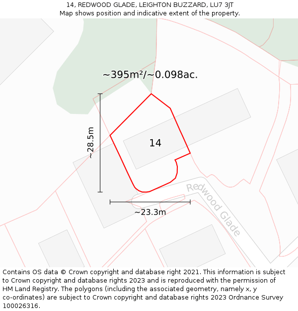 14, REDWOOD GLADE, LEIGHTON BUZZARD, LU7 3JT: Plot and title map