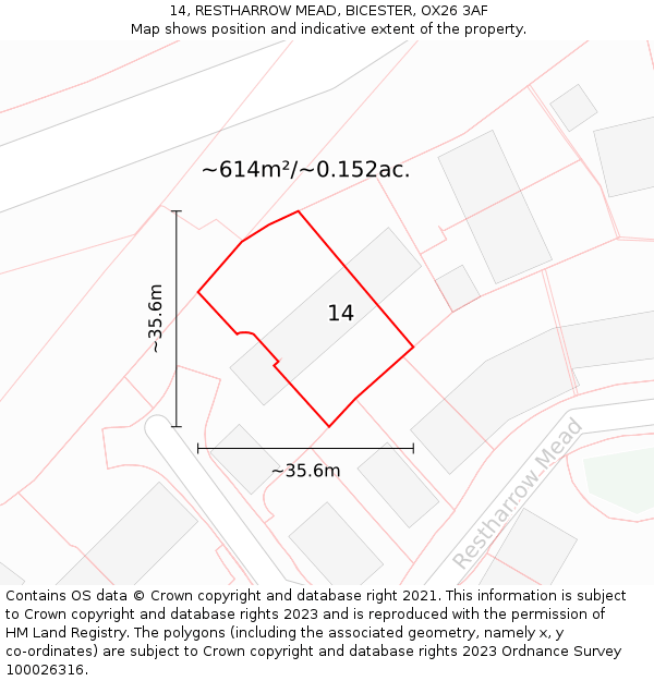 14, RESTHARROW MEAD, BICESTER, OX26 3AF: Plot and title map