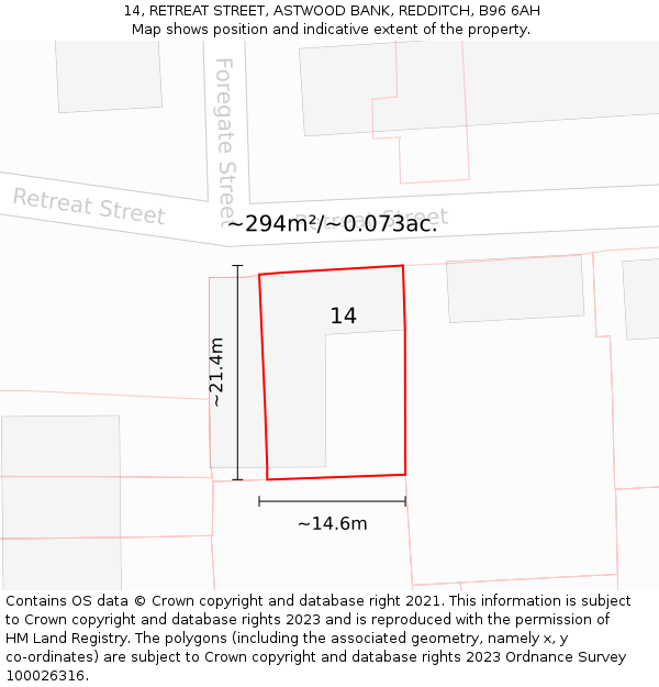 14, RETREAT STREET, ASTWOOD BANK, REDDITCH, B96 6AH: Plot and title map