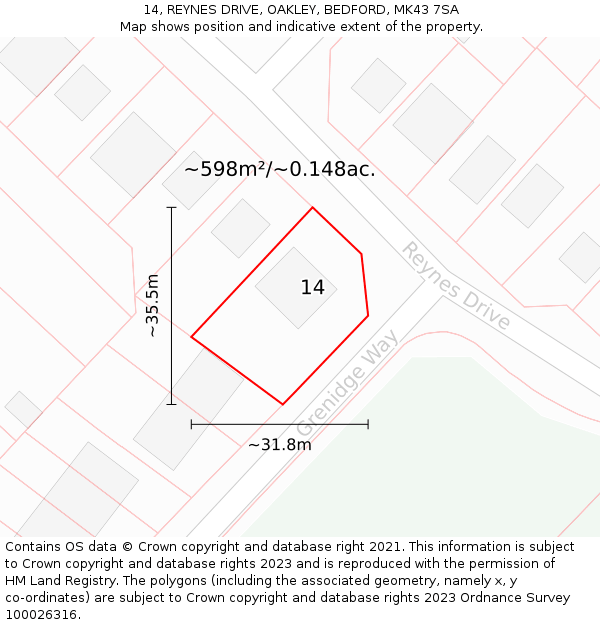 14, REYNES DRIVE, OAKLEY, BEDFORD, MK43 7SA: Plot and title map