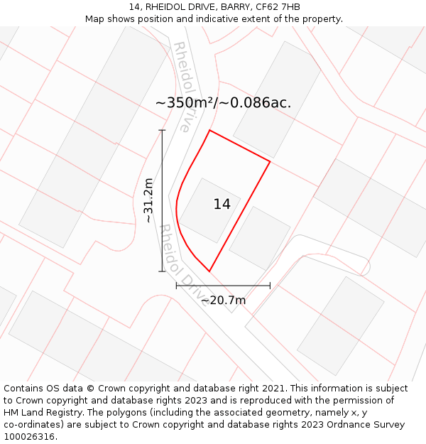 14, RHEIDOL DRIVE, BARRY, CF62 7HB: Plot and title map