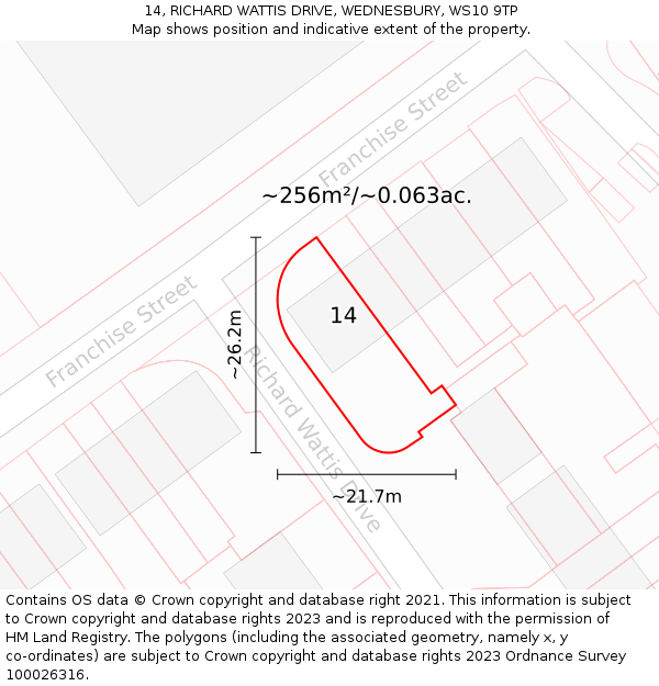 14, RICHARD WATTIS DRIVE, WEDNESBURY, WS10 9TP: Plot and title map