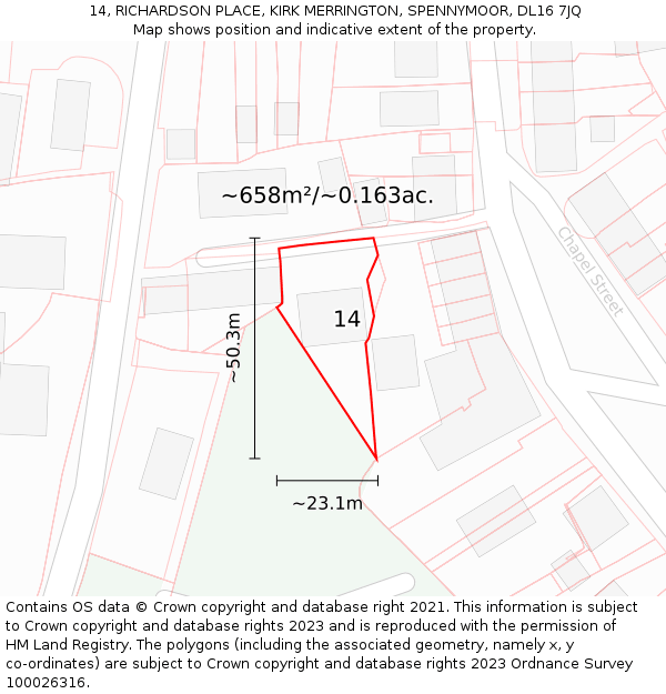 14, RICHARDSON PLACE, KIRK MERRINGTON, SPENNYMOOR, DL16 7JQ: Plot and title map