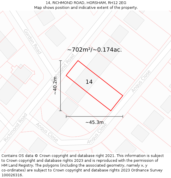 14, RICHMOND ROAD, HORSHAM, RH12 2EG: Plot and title map