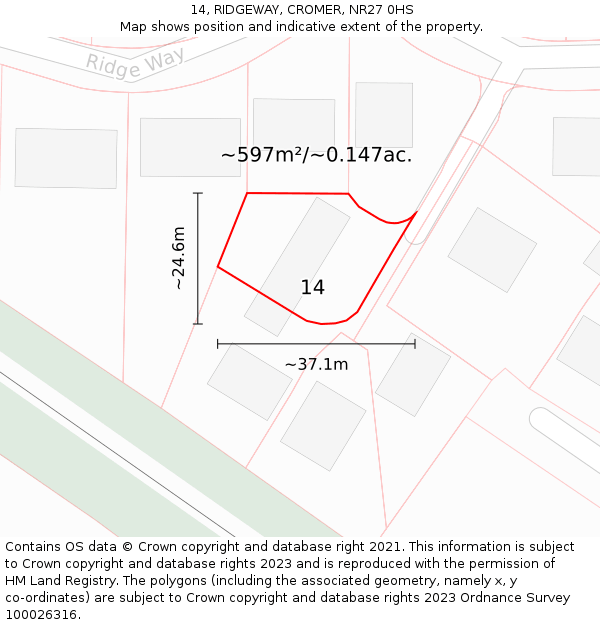 14, RIDGEWAY, CROMER, NR27 0HS: Plot and title map