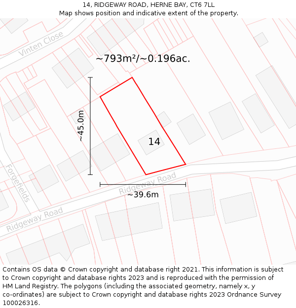 14, RIDGEWAY ROAD, HERNE BAY, CT6 7LL: Plot and title map