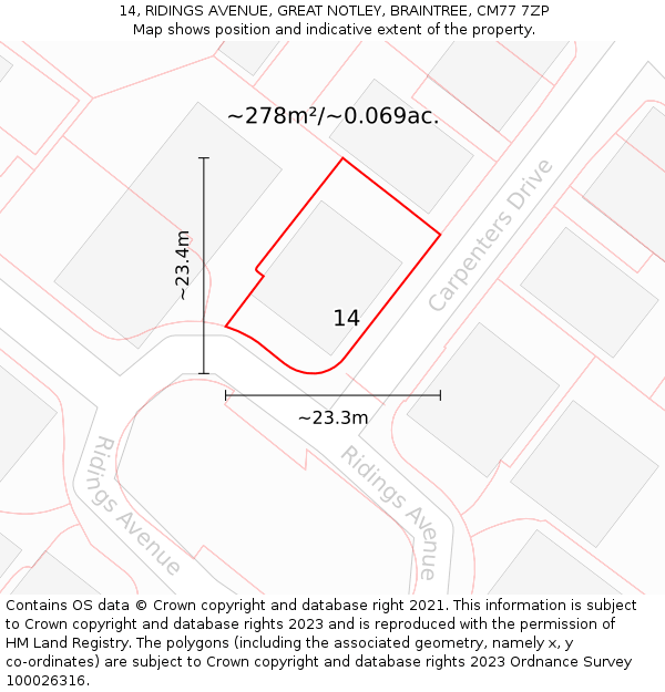 14, RIDINGS AVENUE, GREAT NOTLEY, BRAINTREE, CM77 7ZP: Plot and title map