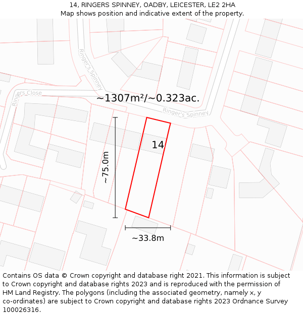 14, RINGERS SPINNEY, OADBY, LEICESTER, LE2 2HA: Plot and title map