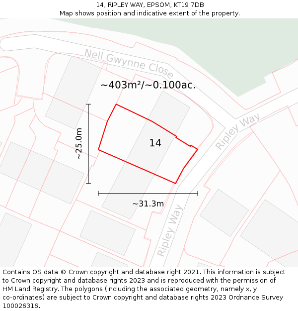 14, RIPLEY WAY, EPSOM, KT19 7DB: Plot and title map