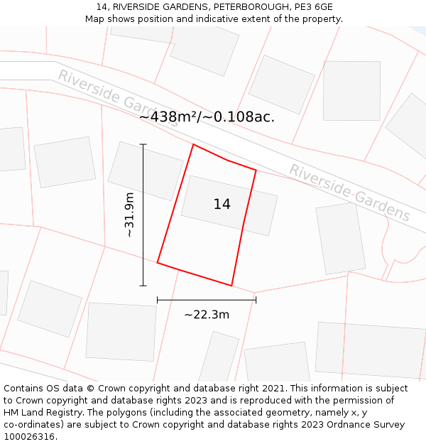 14, RIVERSIDE GARDENS, PETERBOROUGH, PE3 6GE: Plot and title map