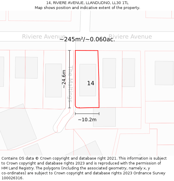 14, RIVIERE AVENUE, LLANDUDNO, LL30 1TL: Plot and title map