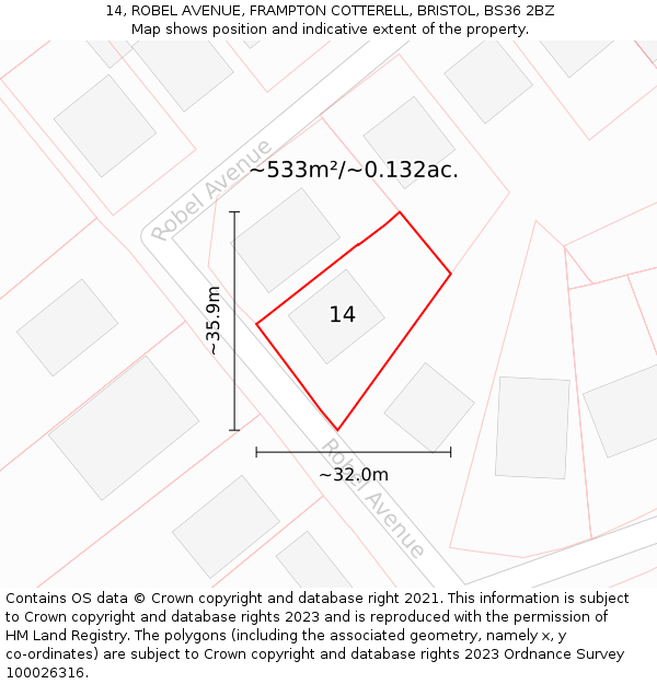 14, ROBEL AVENUE, FRAMPTON COTTERELL, BRISTOL, BS36 2BZ: Plot and title map