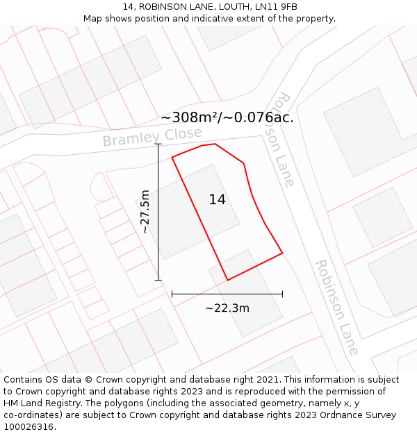 14, ROBINSON LANE, LOUTH, LN11 9FB: Plot and title map