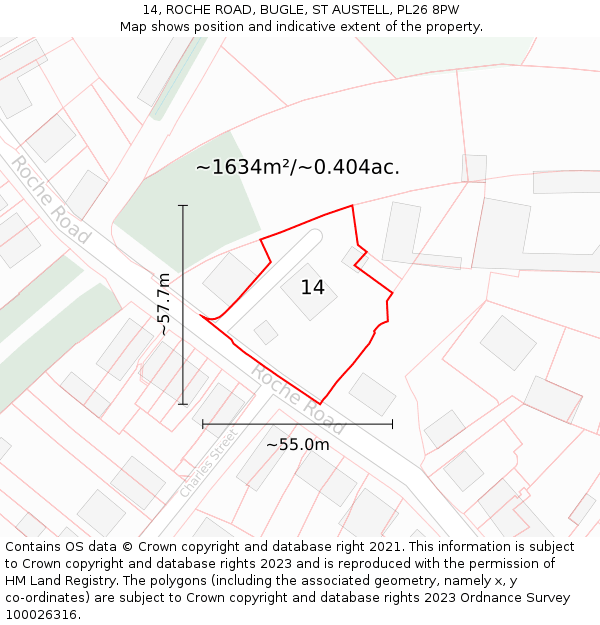 14, ROCHE ROAD, BUGLE, ST AUSTELL, PL26 8PW: Plot and title map