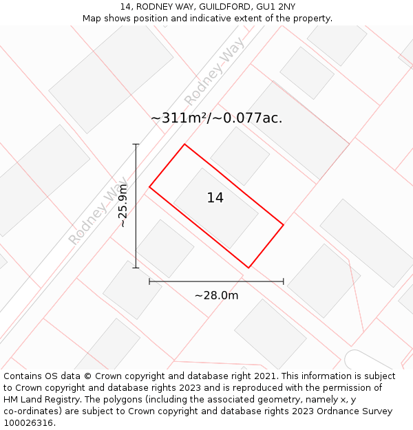 14, RODNEY WAY, GUILDFORD, GU1 2NY: Plot and title map