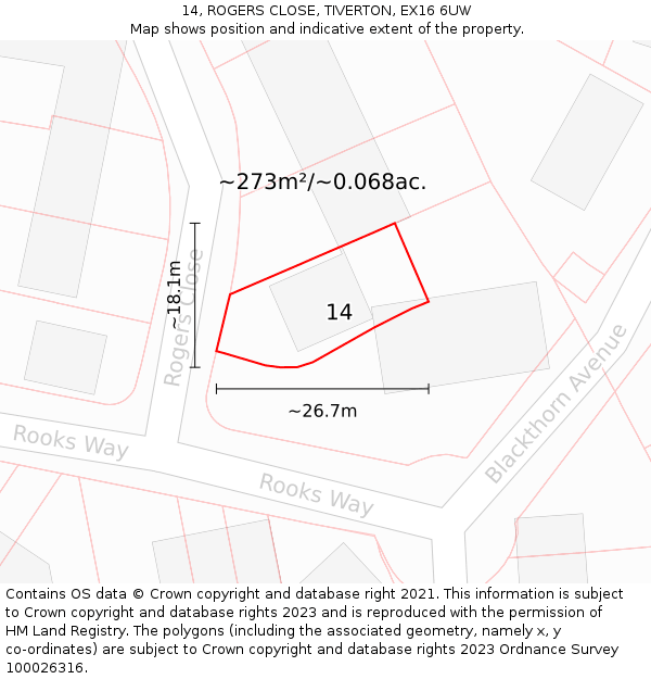 14, ROGERS CLOSE, TIVERTON, EX16 6UW: Plot and title map