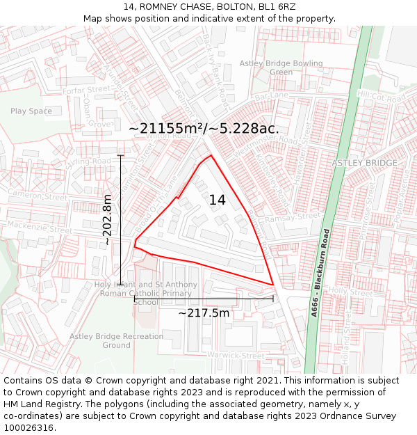 14, ROMNEY CHASE, BOLTON, BL1 6RZ: Plot and title map