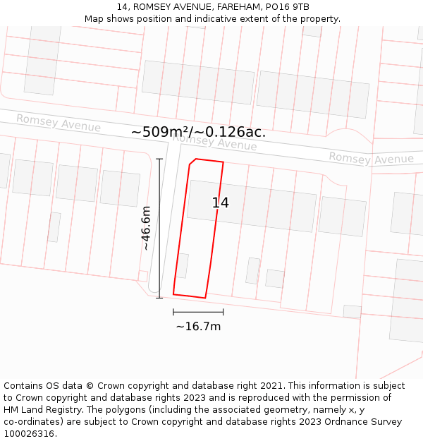 14, ROMSEY AVENUE, FAREHAM, PO16 9TB: Plot and title map