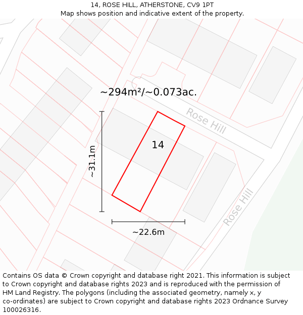 14, ROSE HILL, ATHERSTONE, CV9 1PT: Plot and title map