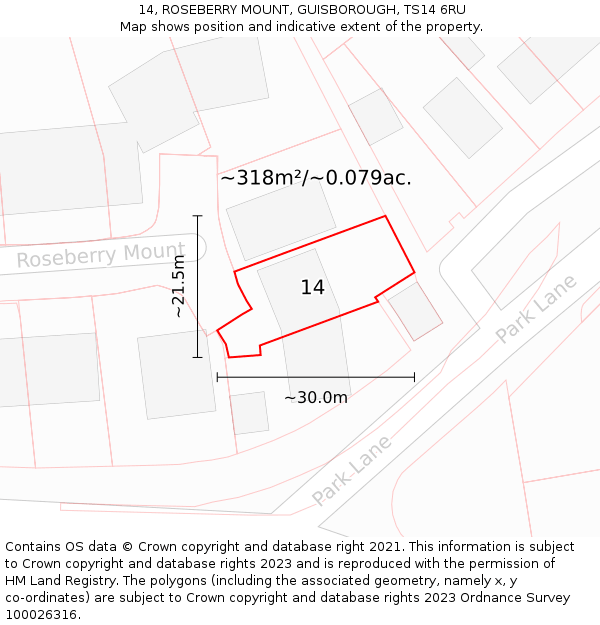 14, ROSEBERRY MOUNT, GUISBOROUGH, TS14 6RU: Plot and title map