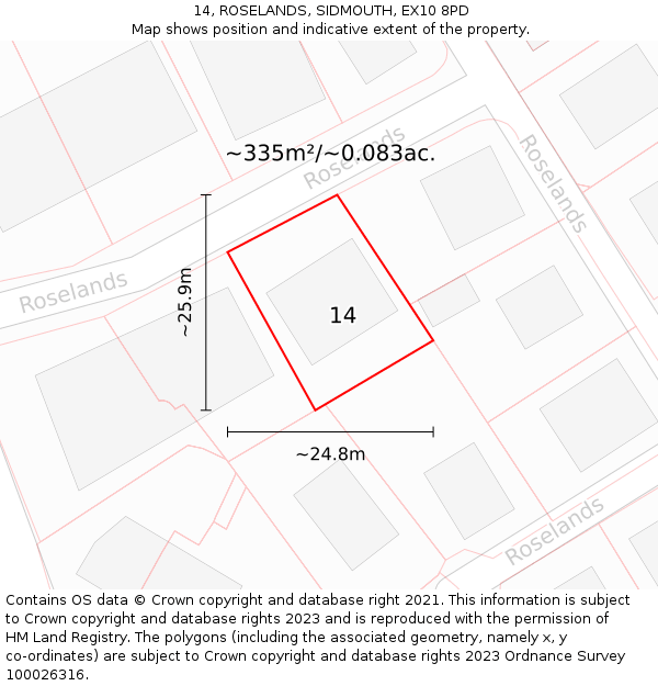 14, ROSELANDS, SIDMOUTH, EX10 8PD: Plot and title map