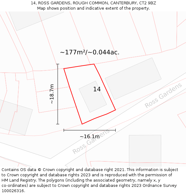 14, ROSS GARDENS, ROUGH COMMON, CANTERBURY, CT2 9BZ: Plot and title map