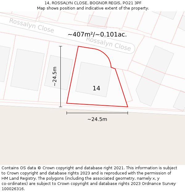 14, ROSSALYN CLOSE, BOGNOR REGIS, PO21 3PF: Plot and title map