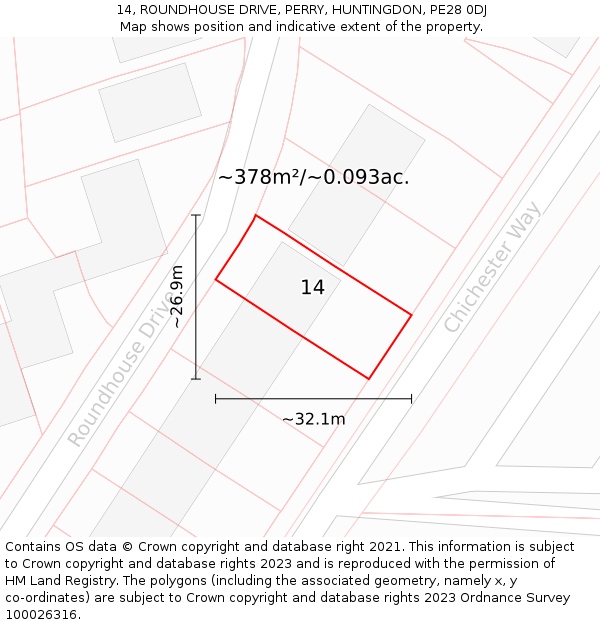 14, ROUNDHOUSE DRIVE, PERRY, HUNTINGDON, PE28 0DJ: Plot and title map